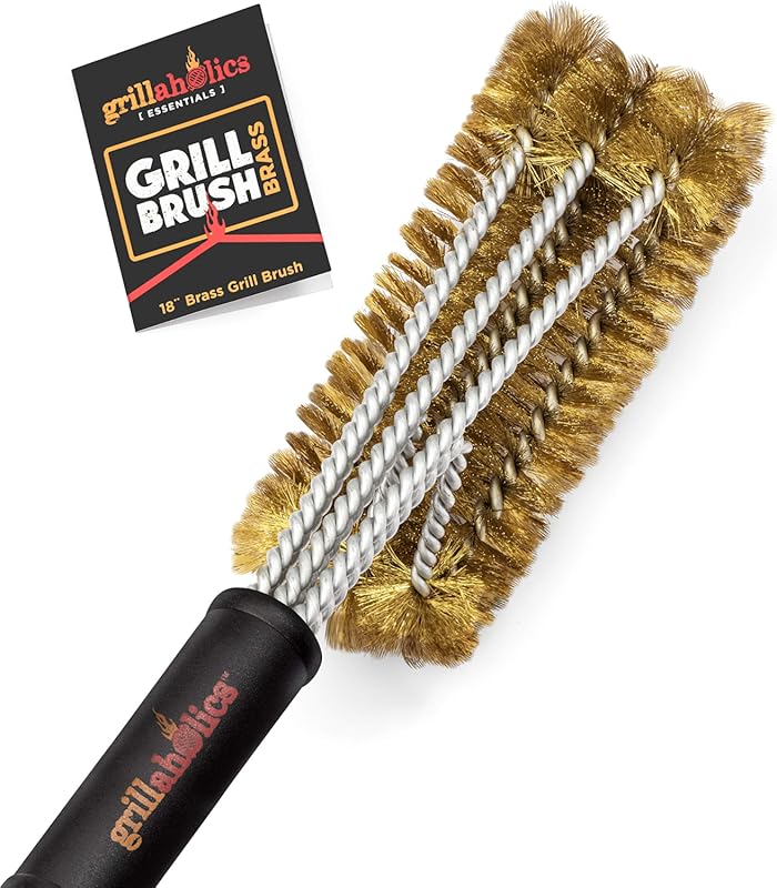 Grillaholics Brass Grill Brush, Heavy-Duty Soft Bristle Cleaning Tool 