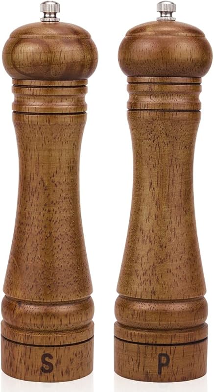 Oak Wood Salt & Pepper Grinder Set, 8-inch Manual Mills, Adjustable Ce
