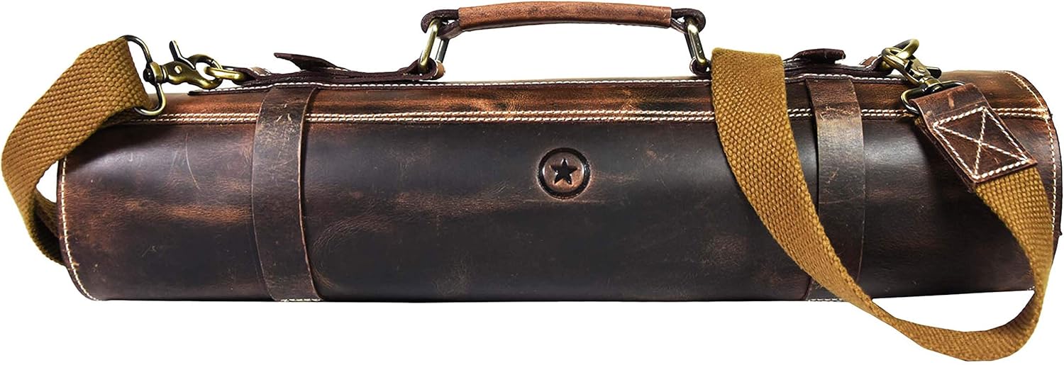Dark Brown Leather Knife Roll Bag: 10 Expandable Pockets, Adjustable S