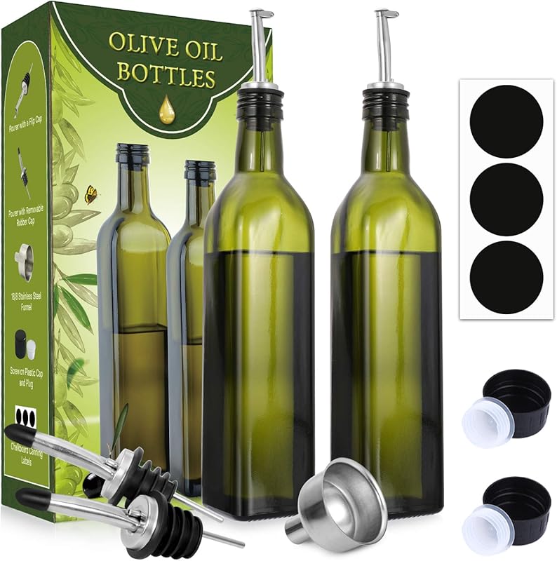 AOZITA 2 Pack 17oz Dark Green Glass Olive Oil Dispenser Bottles with P