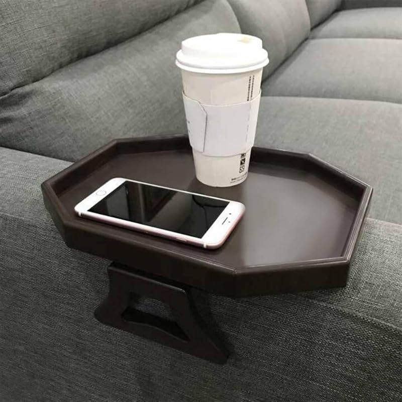 Clip-On Sofa Armrest Tray Table for Drinks, Remote & Snacks, Brown Pla