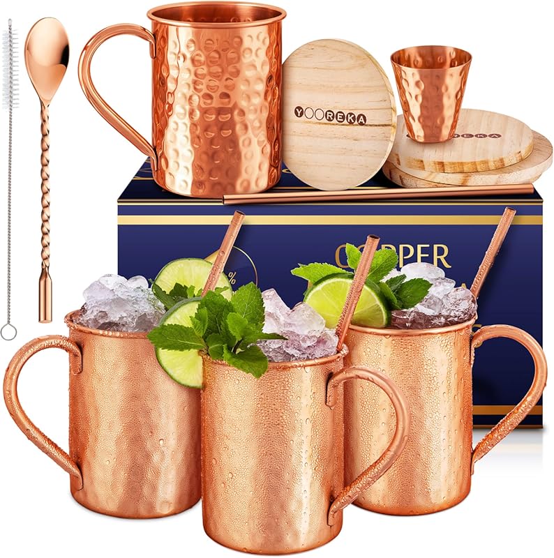 Handcrafted Moscow Mule Copper Mugs Set of 4, 16oz Pure Solid Copper, 