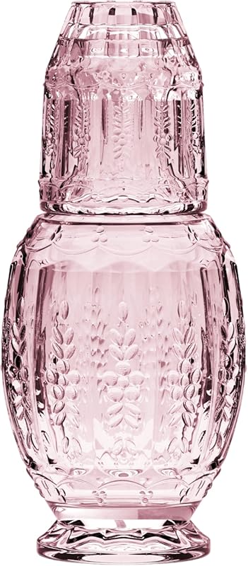 Elle Décor Vintage Pink Bedside Water Carafe with Tumbler Lid. Elegant