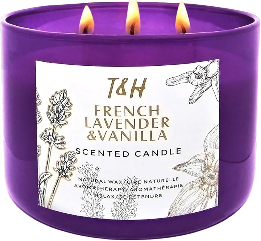 Lavender Vanilla Aromatherapy Scented Candle, Large 15.8oz 3-Wick Soy,