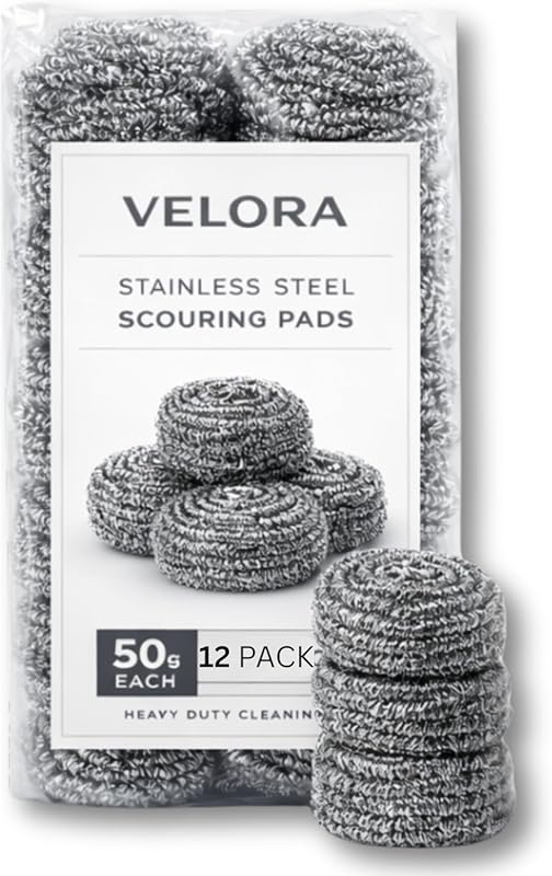 VELORA Stainless Steel Cleaner Scouring Pads, 12-Pack