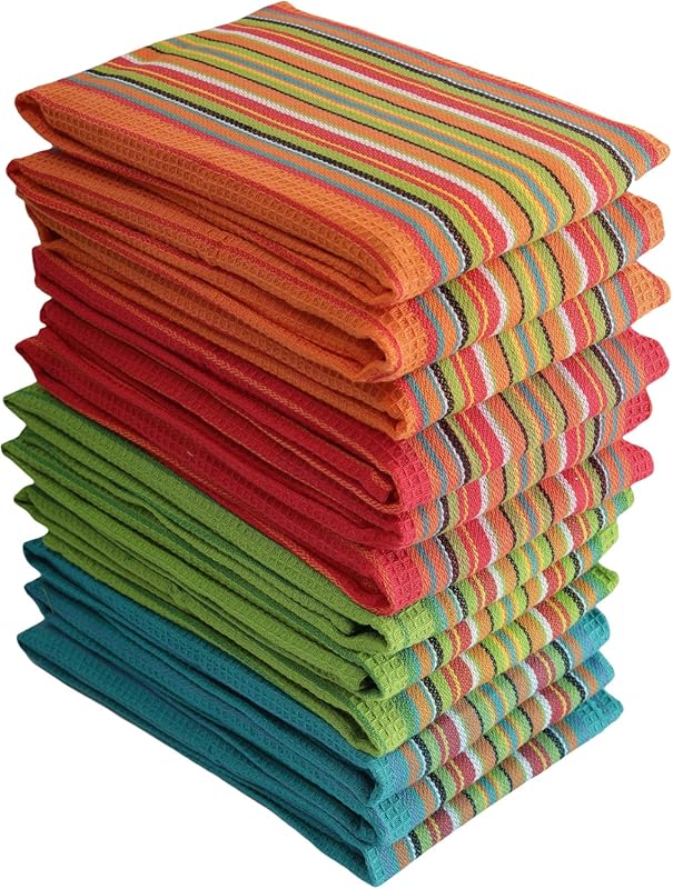DG Collections Salsa Stripe Waffle Kitchen Dish Towels – 100% Cotton, 