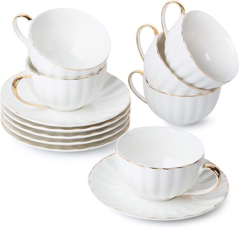 BTaT Set of 6 White Porcelain 7oz Cappuccino Cups with Saucers, Golden