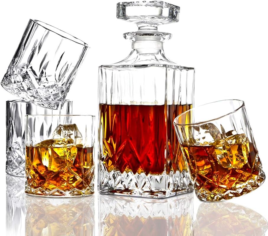 ELIDOMC 5-Piece Italian Crafted Crystal Whiskey Decanter Set with 4 Ma