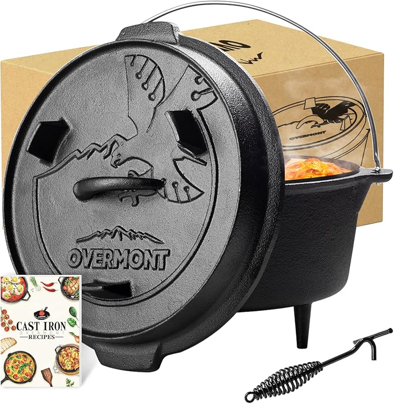 Overmont 6QT Pre-Seasoned Cast Iron Camp Dutch Oven with Lid/Skillet &