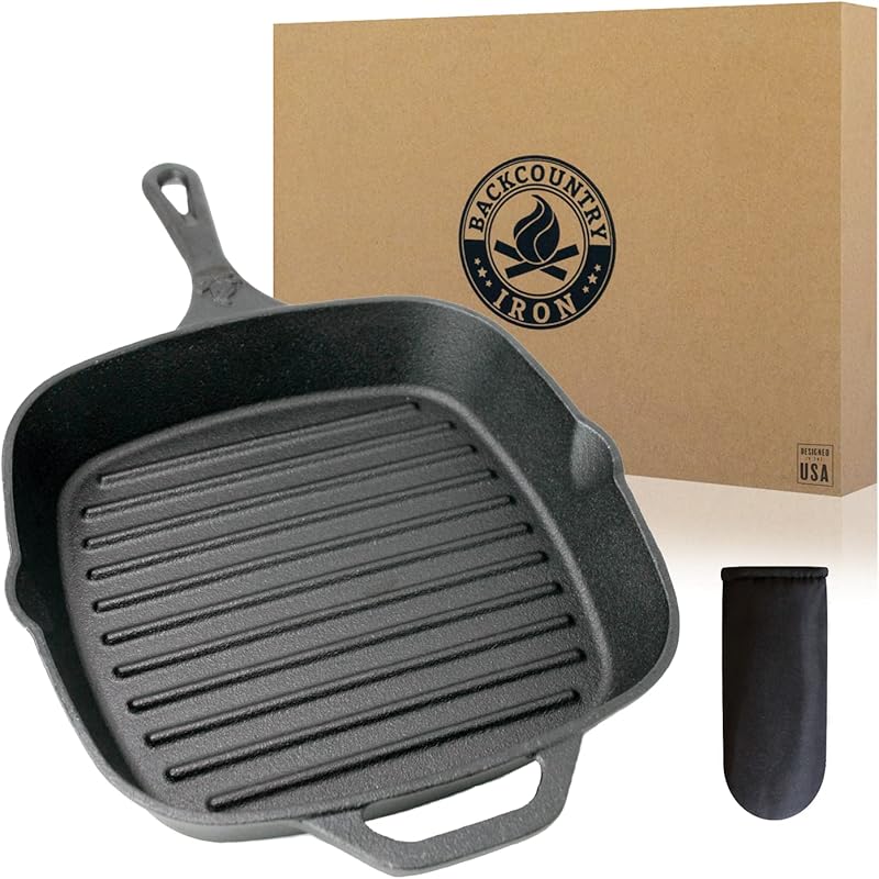 12 Inch Large Square Pre-Seasoned Cast Iron Grill Pan, Heavy-Duty Skil