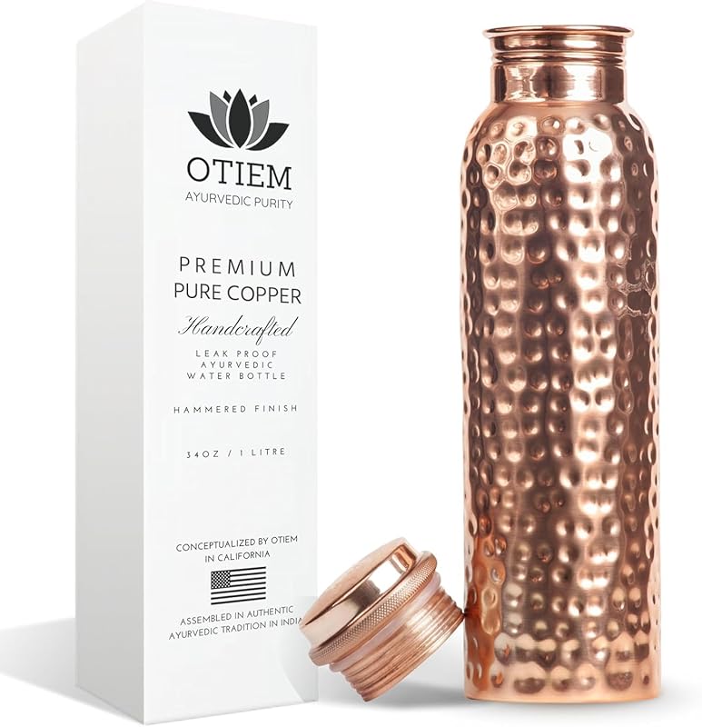 Otiem 100% Pure Copper Water Bottle, 34 Oz Hammered Finish, Ayurvedic,