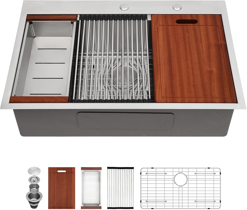 Sarlai 33x22 Inch Drop-In Single Bowl Workstation Kitchen Sink, 16 Gau