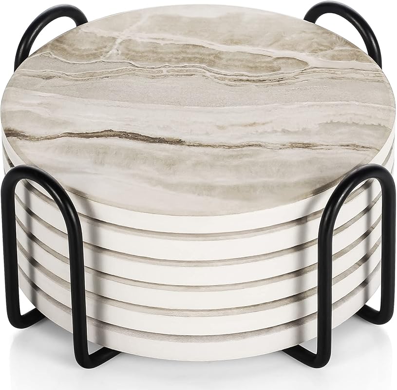 LIFVER Absorbent Stone Coasters Set of 6 with Holder, Black Marble Cer