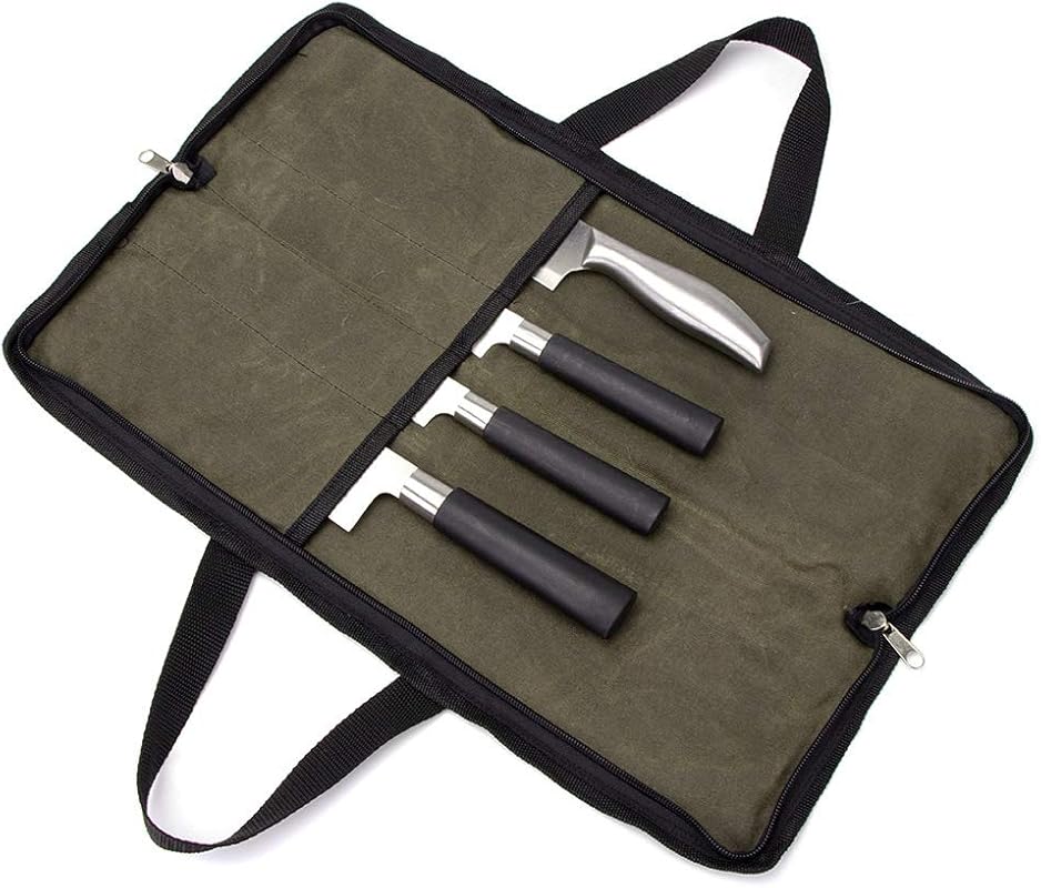 Heavy Duty Waxed Canvas Knife Roll Bag: 4 Slots, Portable Handle for C