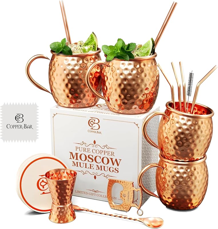 Unique Handcrafted Pure Copper Moscow Mule Mugs – Set of 4, 16oz Hamme
