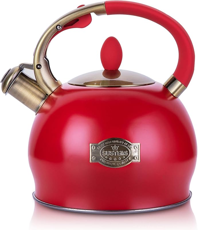 SUSTEAS 2.64 Quart Red Whistling Tea Kettle: Food Grade Stainless Stee