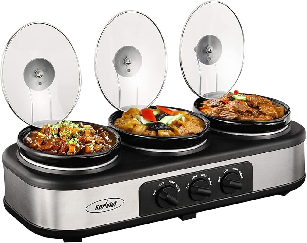 Sunvivi Triple Slow Cooker Buffet Server, 3 x 1.5 Qt Upgraded Oval Cer