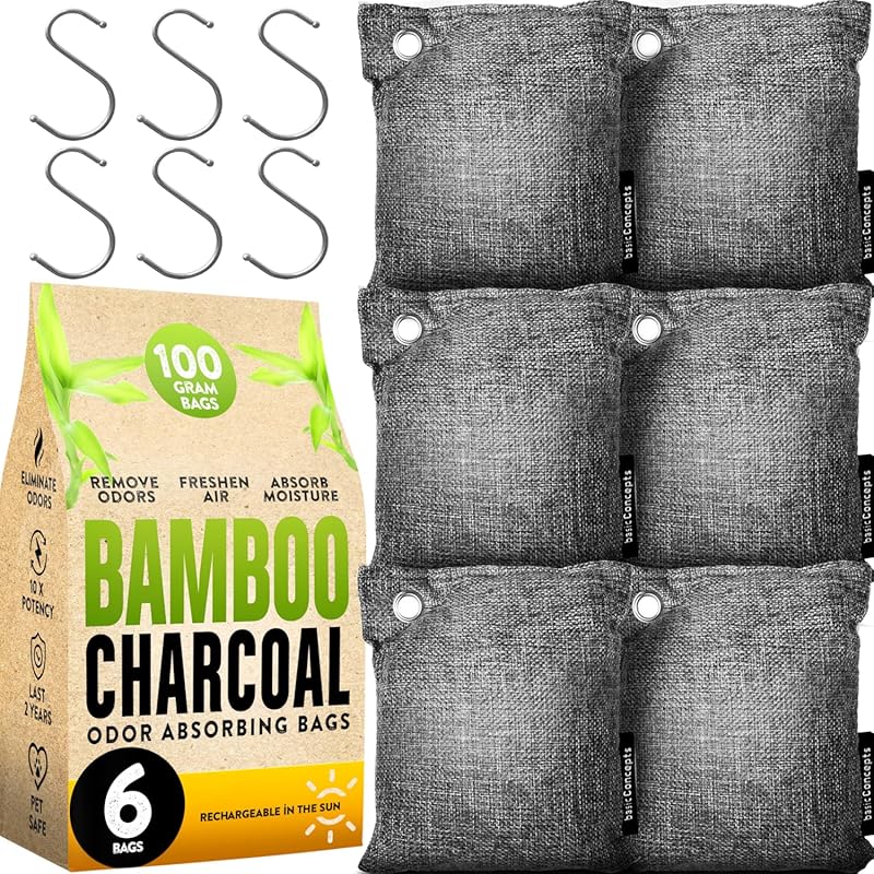 6-Pack Activated Bamboo Charcoal Odor Absorber Bags (100g) for Basemen