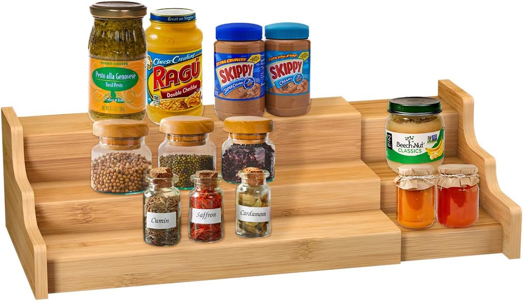 Expandable Bamboo 3-Tier Spice Rack Kitchen Cabinet Organizer Shelf