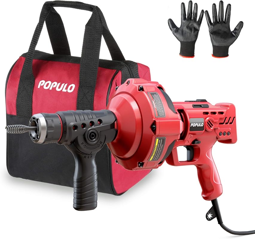 POPULO 120V 23FT Auto-Feed Drain Auger Snake for Sinks, Showers, Outdo