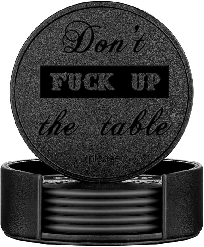 Thipoten Funny 6 Pcs Black Leather Coasters with Holder, Protect Furni