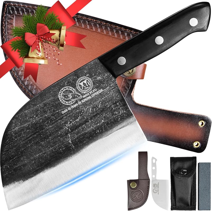XYJ 6.7 Inch Full Tang Serbian Chef Knife Meat Cleaver with Leather Sh