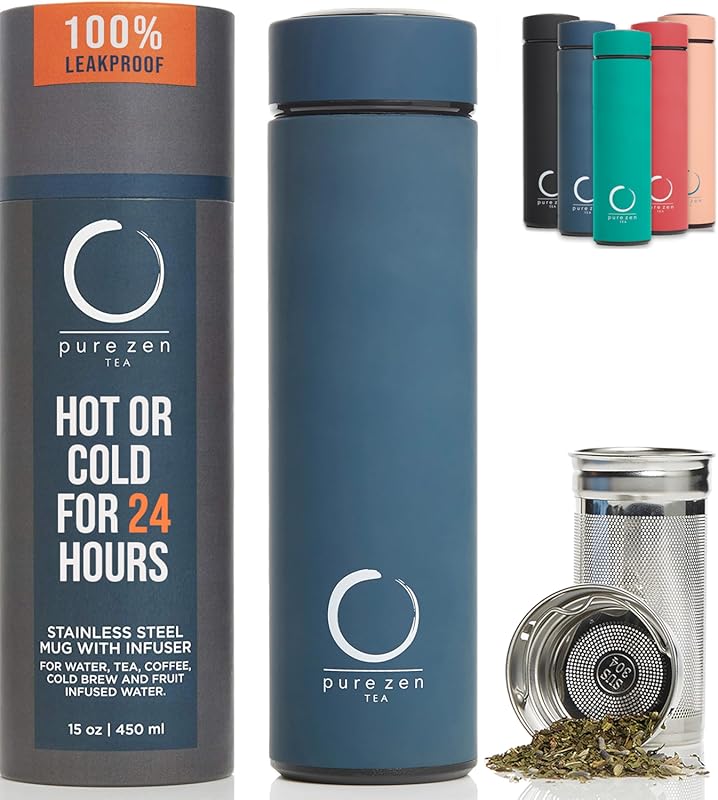 Pure Zen Tea Thermos with Infuser, 15oz Stainless Steel Leakproof Trav