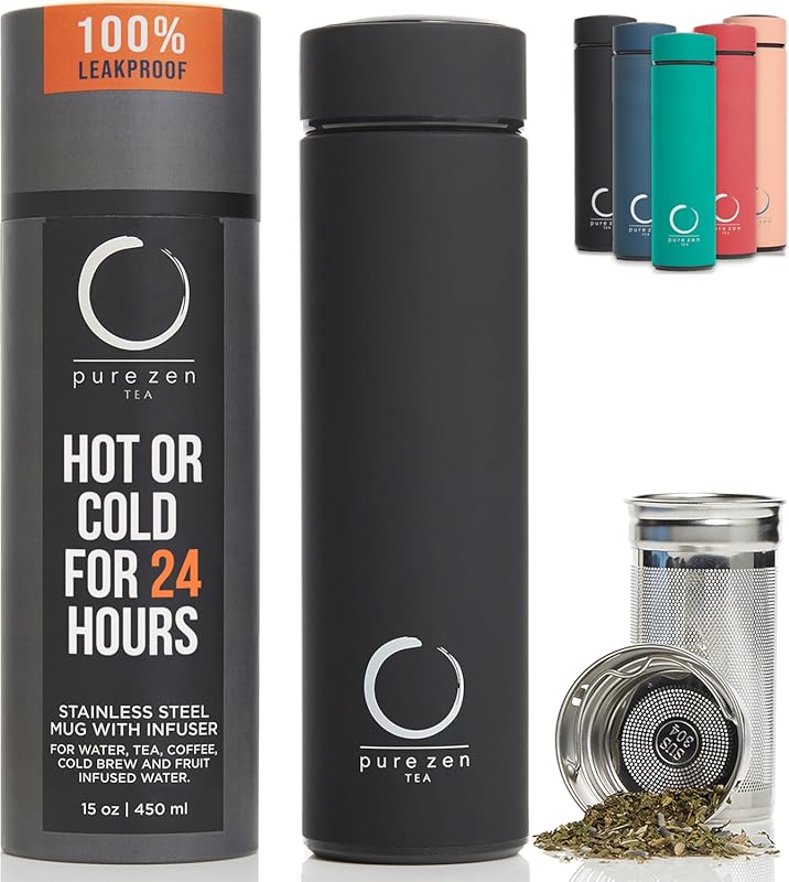 Pure Zen Tea Thermos with Infuser, 15oz Leakproof Stainless Steel Trav