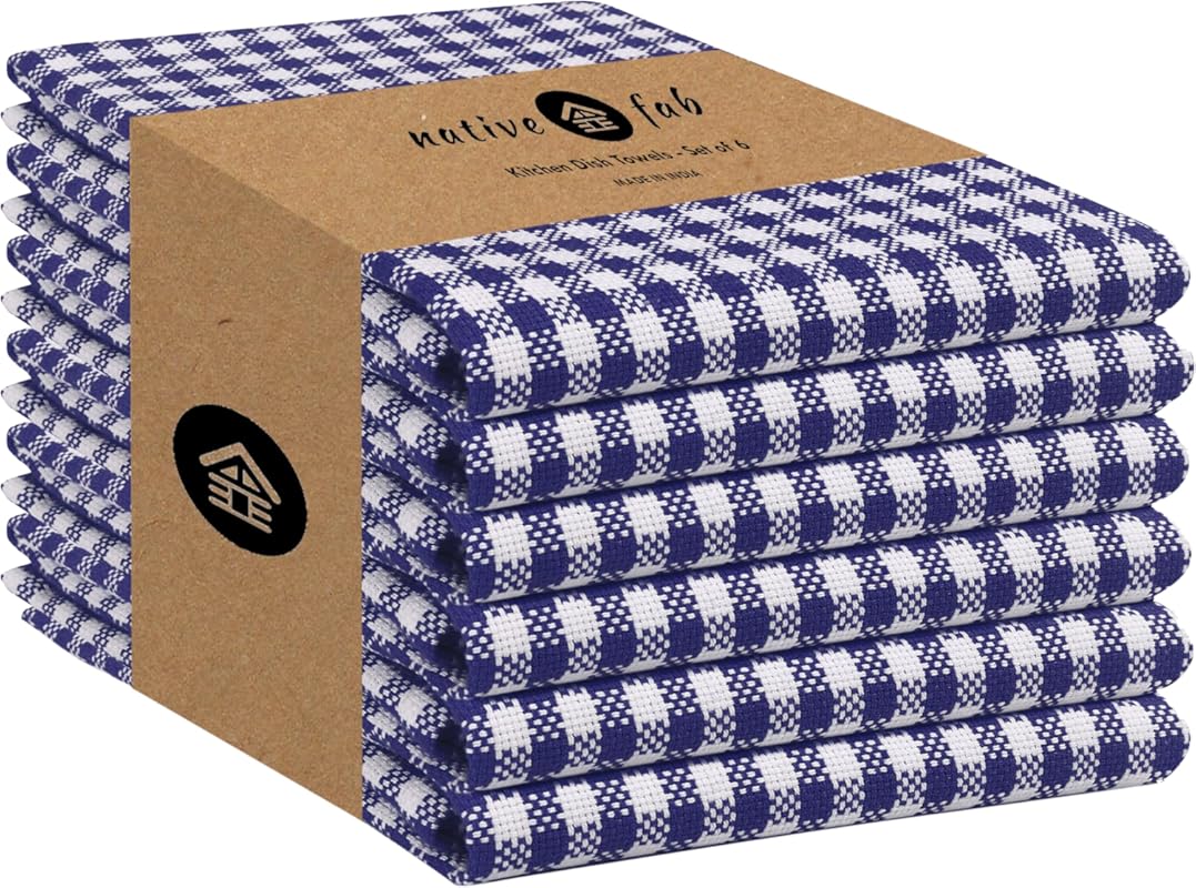 Native Fab 6-Pack Gingham Mini Check Cotton Kitchen Hand Towels, Absor
