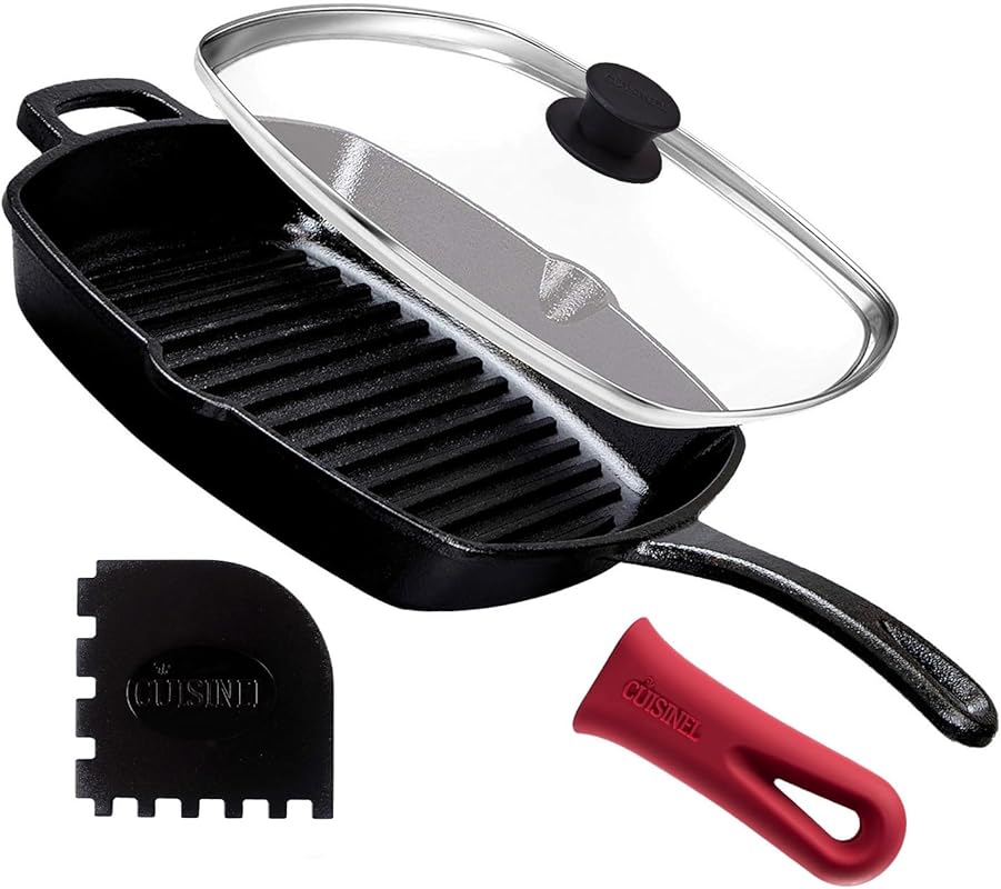 Cuisinel 10.5 Inch Pre-Seasoned Cast Iron Square Grill Pan with Glass