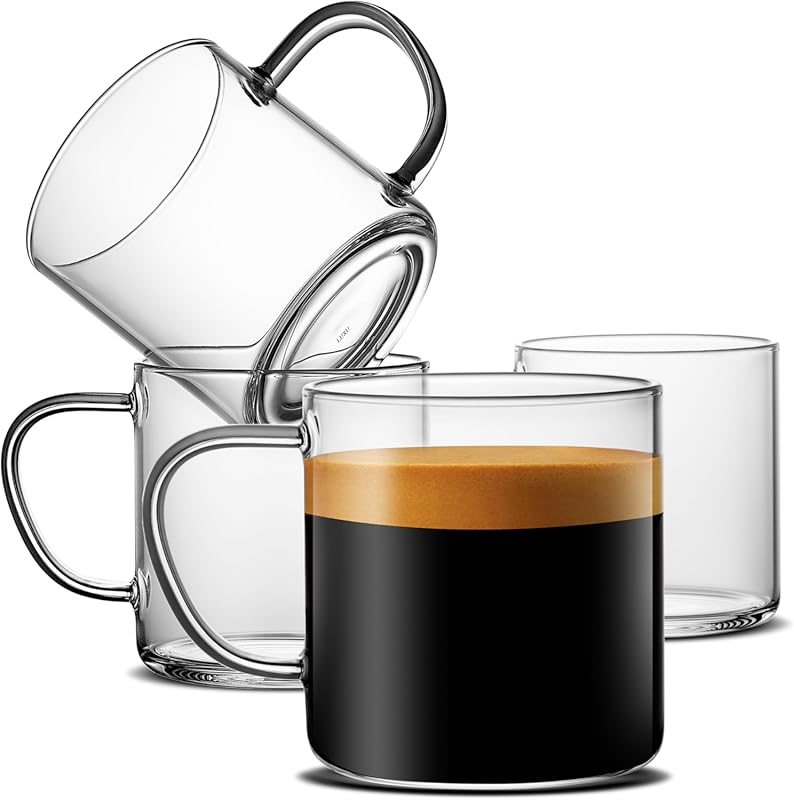 LUXU Clear Glass Coffee Mugs, Set of 4, 14 oz Hand-Blown with Anti-Sca