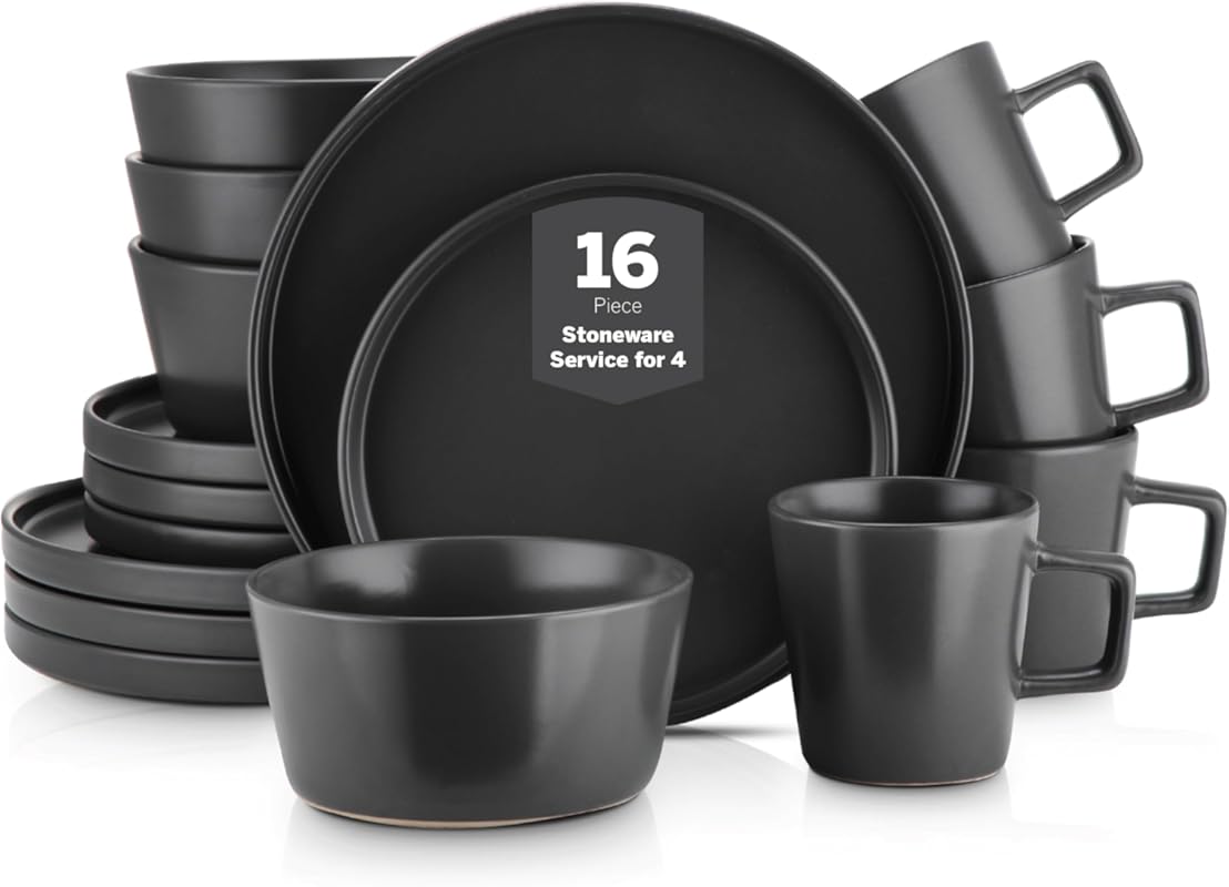 Stone Lain Celina 16-Piece Stoneware Dinnerware Set for 4, Black Matte