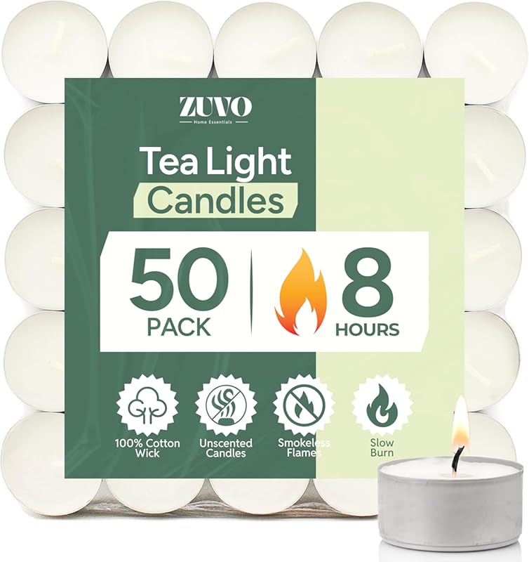 Unscented White Tea Light Candles, 50 Pack, 8 Hour Long Lasting, Smoke