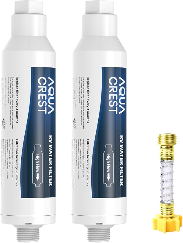 Aqua Crest RV Inline Water Filter 2-Pack & Hose Protector; Reduces Lea