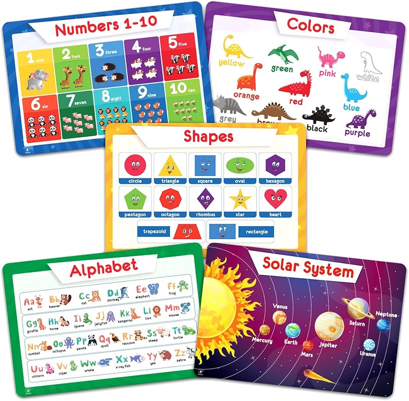 Simply Magic 5 Educational Placemats for Kids: Non-Slip, Washable Plas