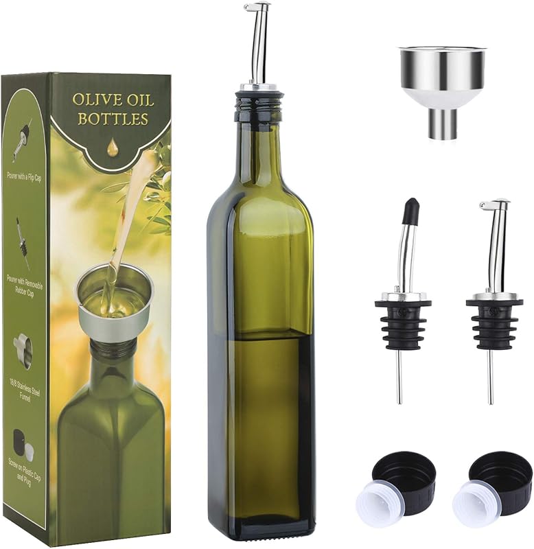 AOZITA 17oz Green Glass Olive Oil Dispenser Bottle, 500ml Cruet with P