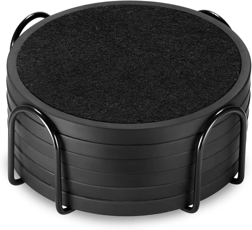 Absorbent Black Silicone Coasters Set of 6 with Holder, Soft Felt Inse