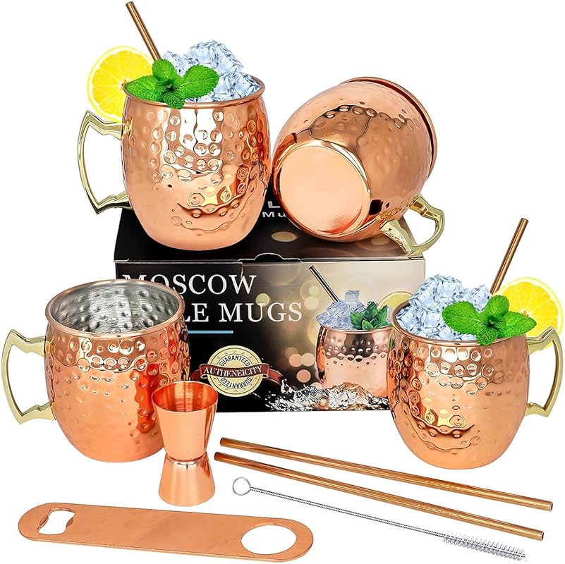 LINALL Moscow Mule Copper Plated Stainless Steel Mugs – Set of 4, 18oz