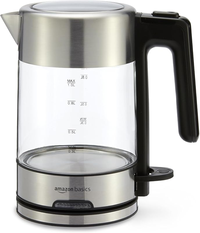 Amazon Basics 1L Glass Electric Kettle for Tea & Coffee, Fast Boiling,