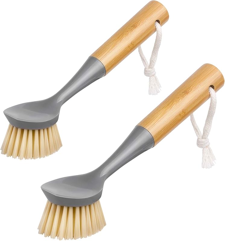 MR.SIGA Dish Brushes: Bamboo Handle, Built-in Scraper for Pans, Pots, 