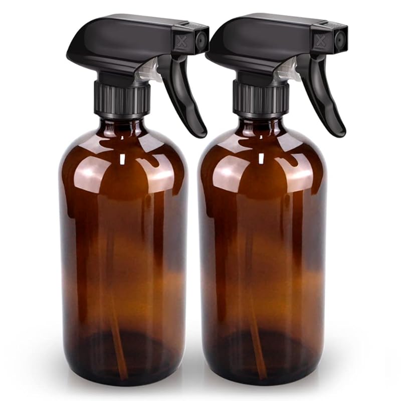 Amber Glass Spray Bottle Set, 2-Pack 16oz Refillable for Cleaning, Pla