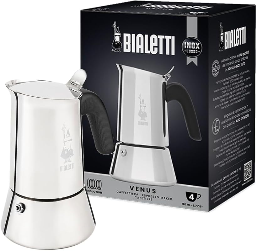 Bialetti New Venus Induction Stovetop Coffee Maker, Stainless Steel, 4