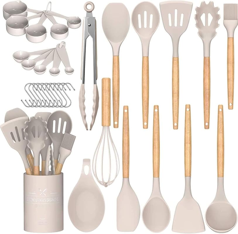 Umite Chef 33-Piece Silicone Cooking Utensils Set with Wooden Handles,