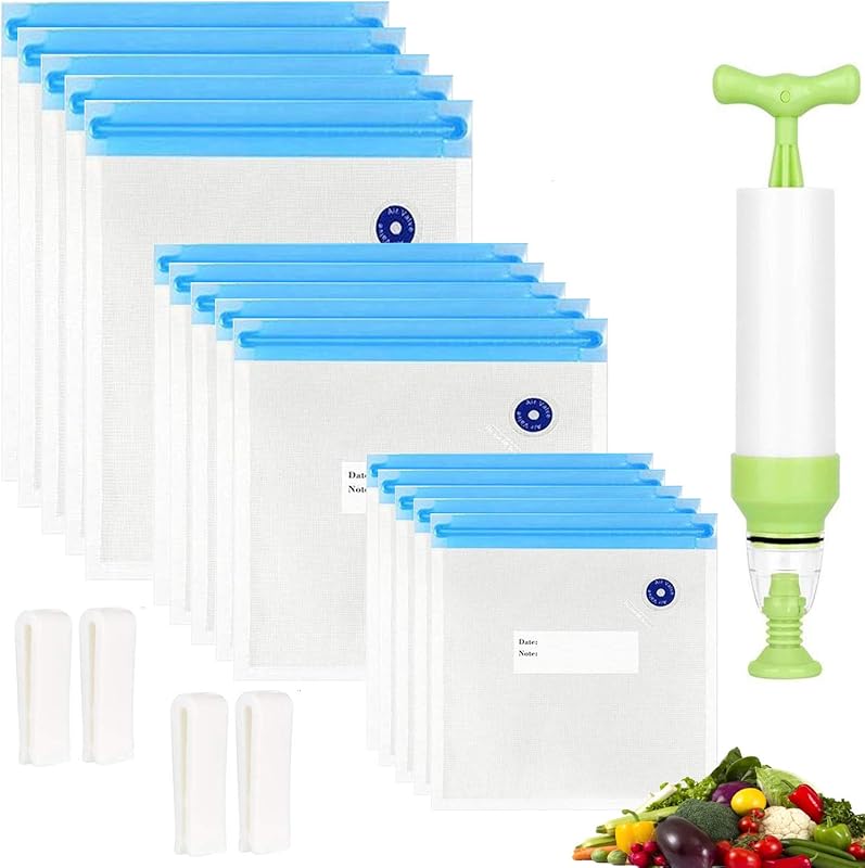 Reusable Sous Vide Bags (20-Pack, 3 Sizes) with Hand Pump & Clips for 