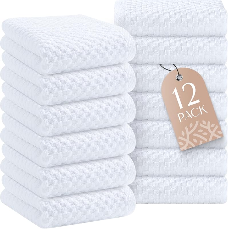 Wealuxe White Kitchen Towels 12-Pack, 100% Cotton 450GSM, Super Absorb