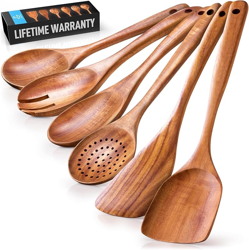 Zulay Kitchen 6-Piece Wooden Spoons for Cooking: Smooth Teak Utensils 