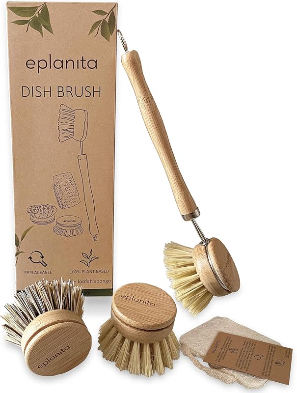 eplanita Natural Bamboo Dish Brush Set with 3 Replacement Heads & Extr