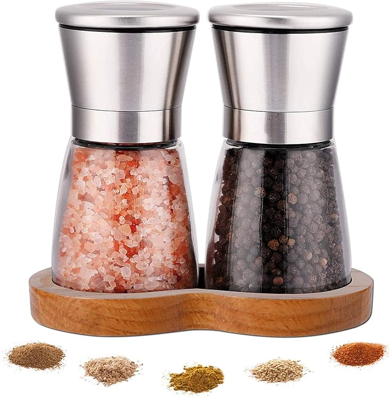 LessMo Salt and Pepper Grinder Set with Wooden Tray: Refillable Brushe