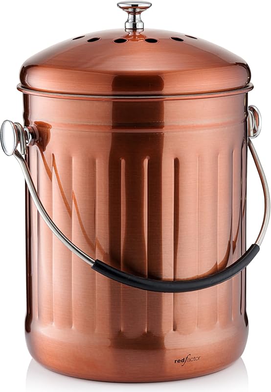 RED FACTOR 1.3 Gallon Stainless Steel Kitchen Compost Bin, Dual Filter