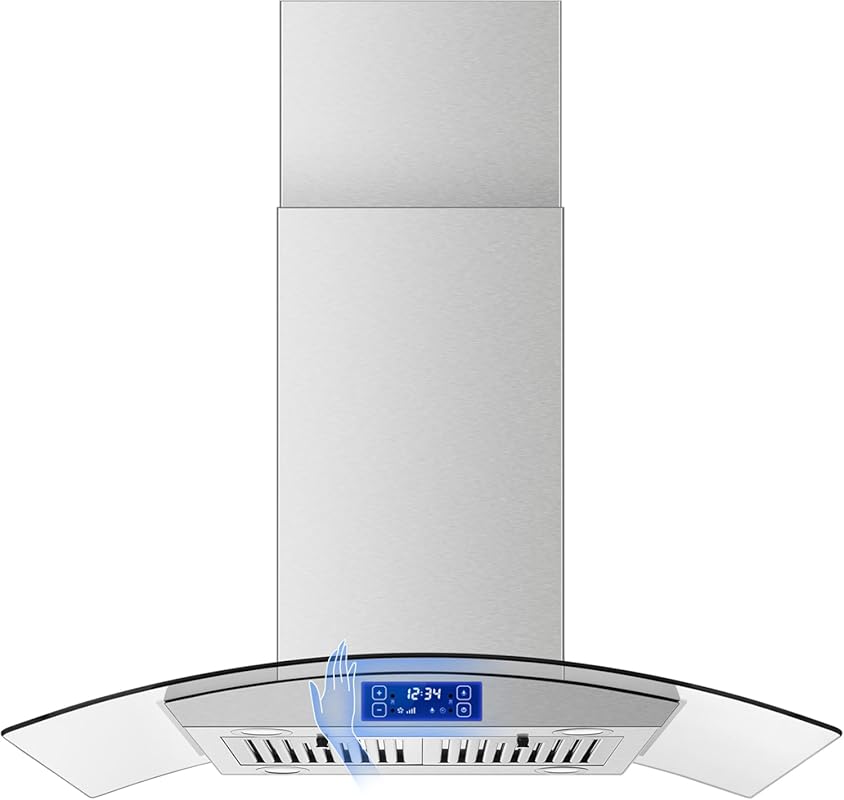 36" Island Range Hood, 700 CFM Ceiling Mount, Ducted, Tempered Glass, 